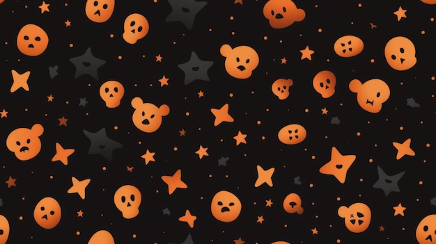 ein schwarz-orangefarbenes Halloween-Muster mit Totenköpfen und Sternen