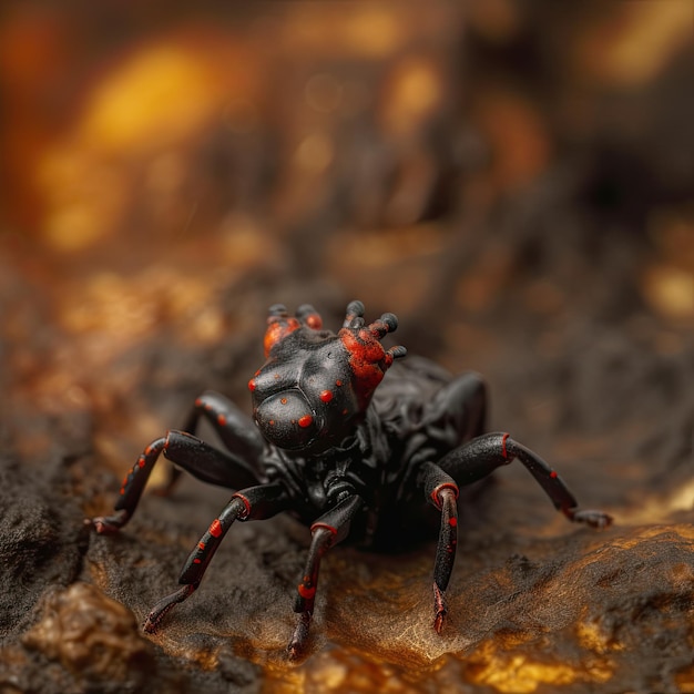 Ein schwarz-roter Käfer mit roten Punkten sitzt auf einem Stück Holz.