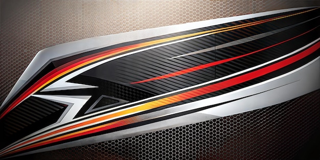 ein schwarz-rotes Sportlogo auf metallischem Hintergrund