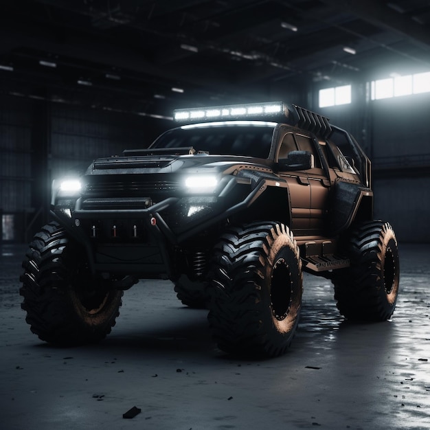 Foto ein schwarz-silberner jeep mit einer schwarzen motorhaube, auf deren rückseite „monster“ steht.