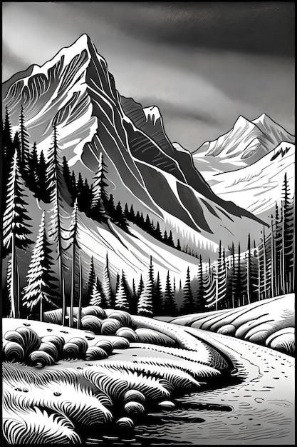 Ein Schwarz-Weiß-Bild eines Berges mit einem Berg im Hintergrund.