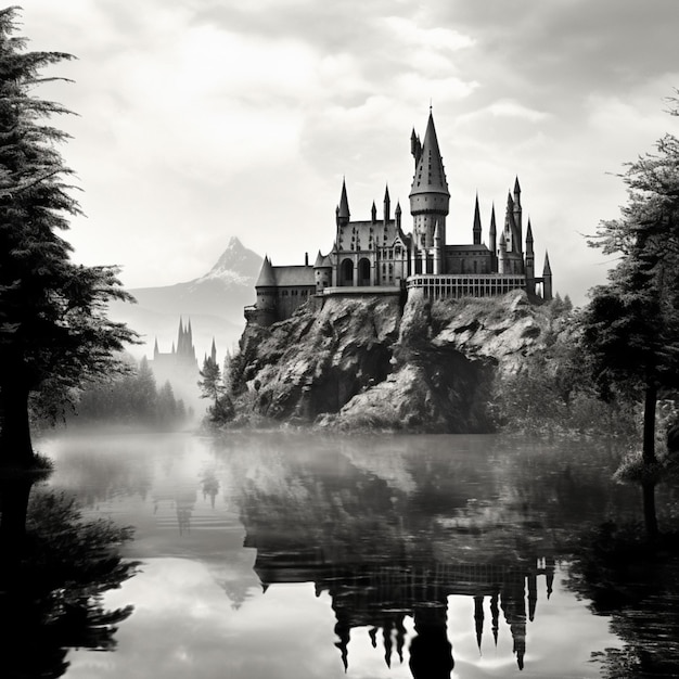 ein Schwarz-Weiß-Foto einer Burg auf einem Berg mit einem generativen See