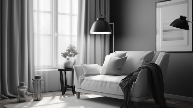 Ein Schwarz-Weiß-Foto einer Couch mit einer Lampe auf dem Beistelltisch.