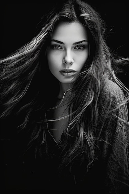 Ein Schwarz-Weiß-Foto einer Frau mit langen Haaren.
