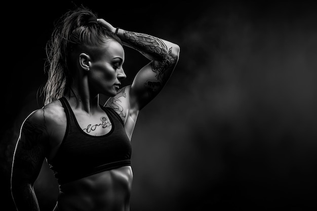 Ein Schwarz-Weiß-Foto einer Frau mit Tätowierungen Fitness-Gym-Konzept-Banner