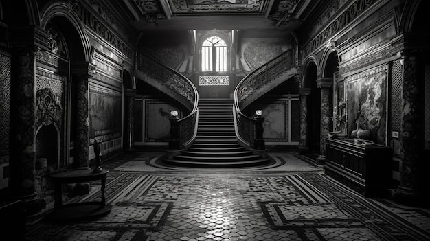 Ein Schwarz-Weiß-Foto einer großen Treppe mit einem Fenster, auf dem „The House of Lords“ steht