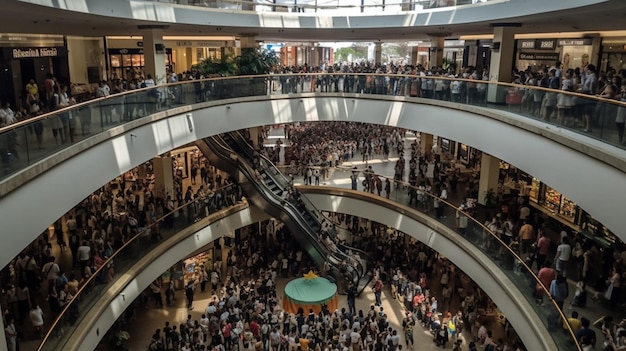 Ein Schwarz-Weiß-Foto eines Einkaufszentrums mit einer großen Rolltreppe und herumlaufenden Menschen.