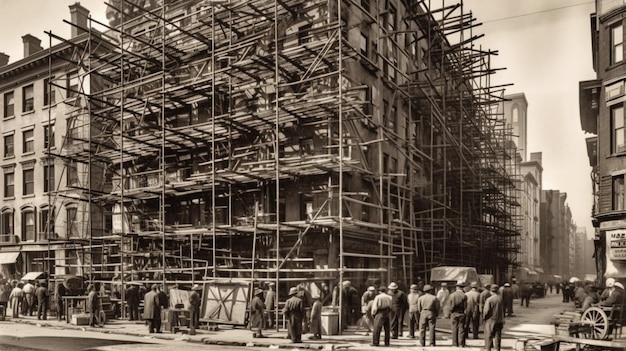 Ein Schwarz-Weiß-Foto eines im Bau befindlichen Gebäudes.