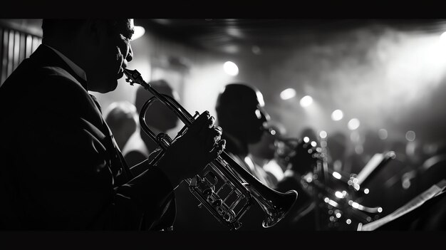 Foto ein schwarz-weiß-foto eines jazzmusikers, der auf einer bühne trompete spielt, wobei die band im hintergrund unfokussiert ist