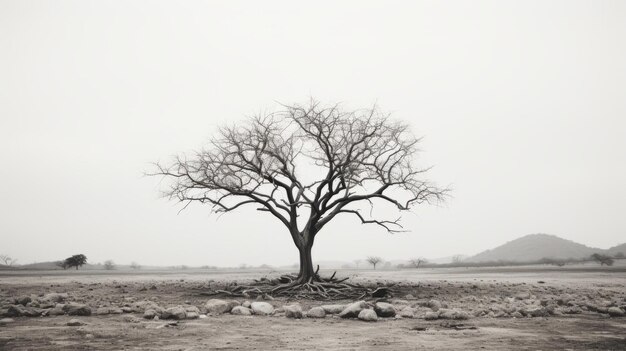 ein Schwarz-Weiß-Foto eines kahlen Baumes mitten auf einem Feld