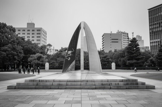 Ein Schwarz-Weiß-Foto von einem Denkmal in einem Park