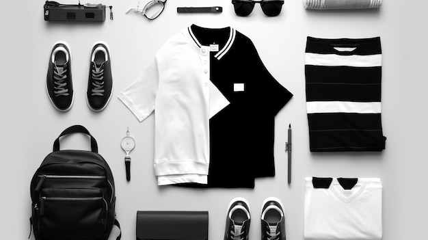 ein Schwarz-Weiß-Foto von einem Hemd und einigen Schuhen an einer Wand.
