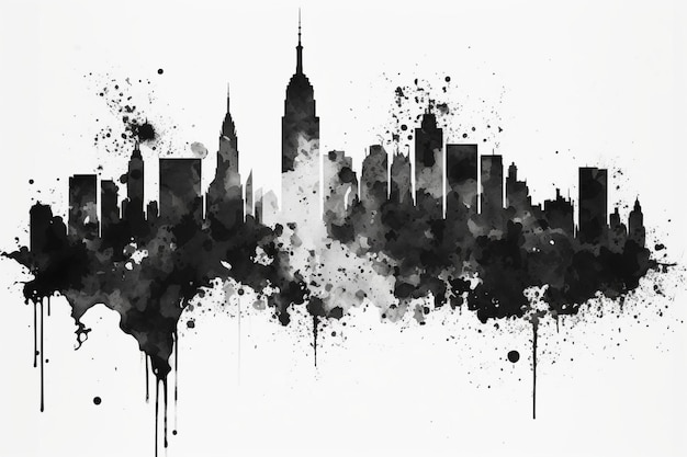 Ein Schwarz-Weiß-Gemälde einer Skyline mit der Skyline der Stadt im Hintergrund.