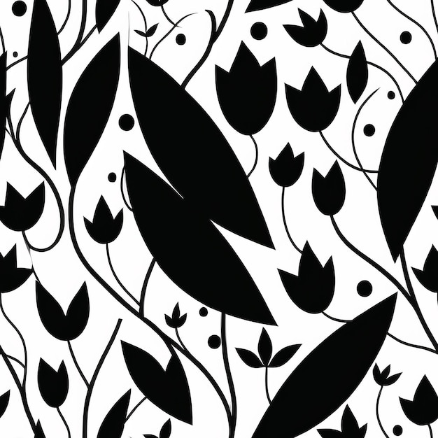 Ein Schwarz-Weiß-Muster mit Tulpen und Blättern.