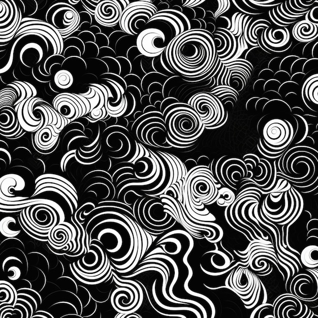 ein schwarz-weißer abstrakter Hintergrund mit Wirbeln und Kreisen generativ ai