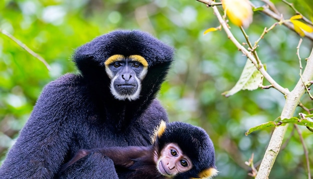 Ein schwarz-weißer Affe mit einem Baby