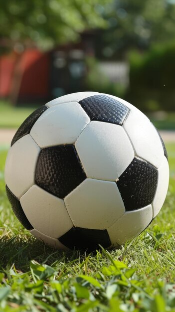 Foto ein schwarz-weißer fußball, der im gras liegt