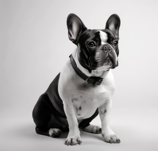 Ein schwarz-weißer Hund mit Fliege sitzt vor weißem Hintergrund.