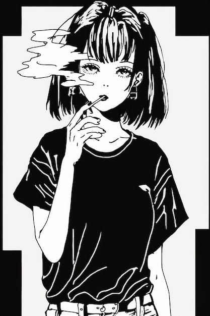 Ein schwarz-weißer Manga-Stil mit einem Mädchen, das eine Zigarette raucht.