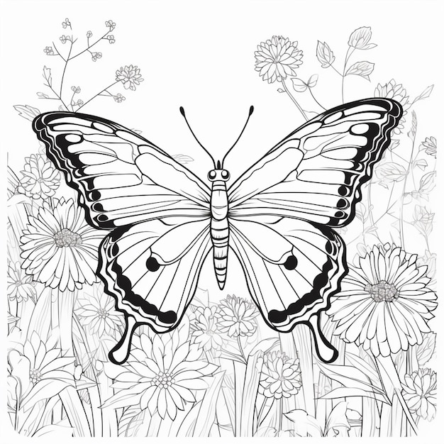 Ein schwarz-weißer Schmetterling, der auf einem mit Blumen gefüllten Feld sitzt