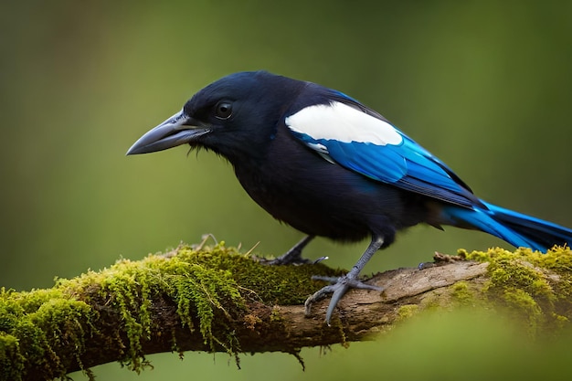 Ein schwarz-weißer Vogel mit einem blau-weißen Fleck auf dem Rücken sitzt auf einem Ast.
