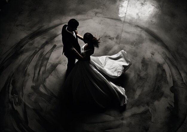 Foto ein schwarz-weißes bild des ersten tanzes der paare, das von oben aufgenommen wurde, um ihre anmutige