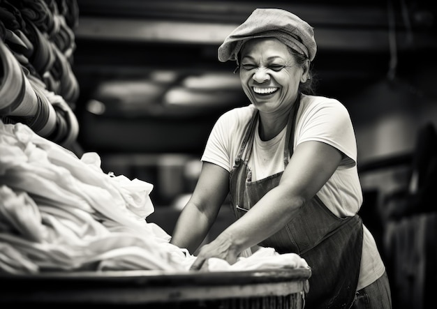 Ein schwarz-weißes Bild einer Wäscherin, das in einem offenen Moment des Lachens aufgenommen wurde, während sie eine