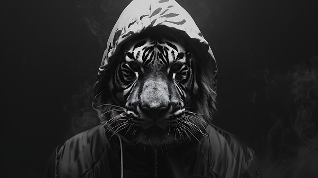 Ein schwarz-weißes Bild eines Tigers, der einen Hoodie trägt