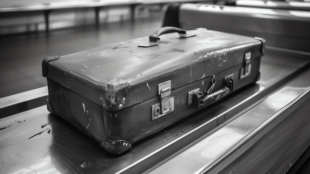 Ein schwarz-weißes Bild eines Vintage-Koffers auf einem Befördergurt an einem Flughafen