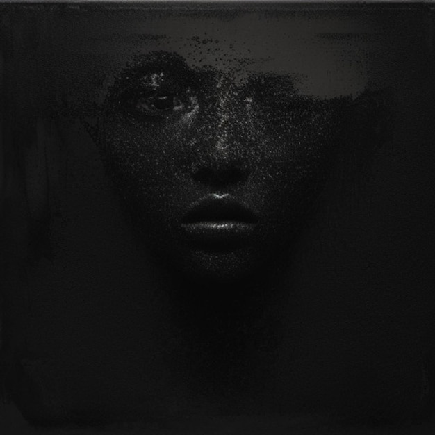 ein schwarz-weißes Bild eines weiblichen Gesichts mit schwarzem Hintergrund