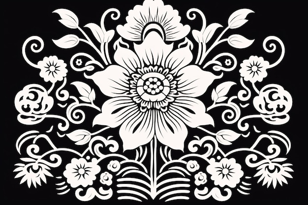 ein schwarz-weißes Blumenmuster mit einem Blumenmuster darauf.