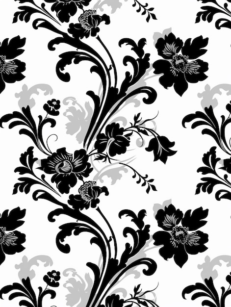 ein schwarz-weißes Blumenmuster mit Wirbeln und Blumen