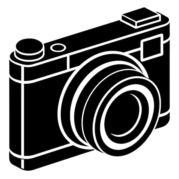 ein schwarz-weißes Foto einer Kamera mit weißem Hintergrund