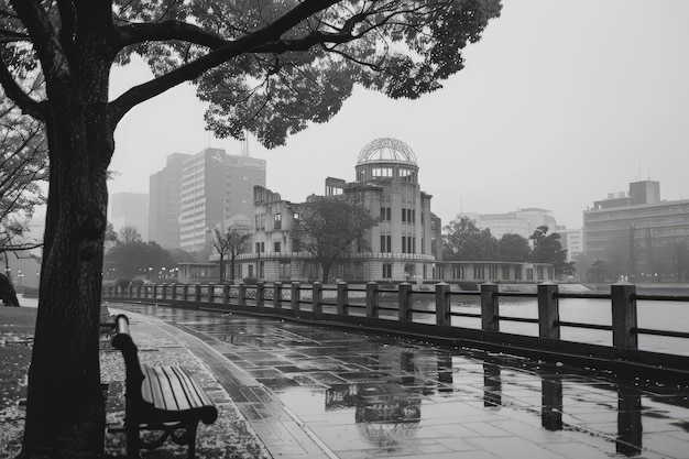 Ein schwarz-weißes Foto einer Parkbank im Regen