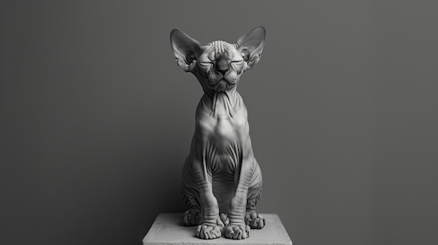 ein schwarz-weißes Foto einer Sphynxkatze, die auf einem Sockel sitzt