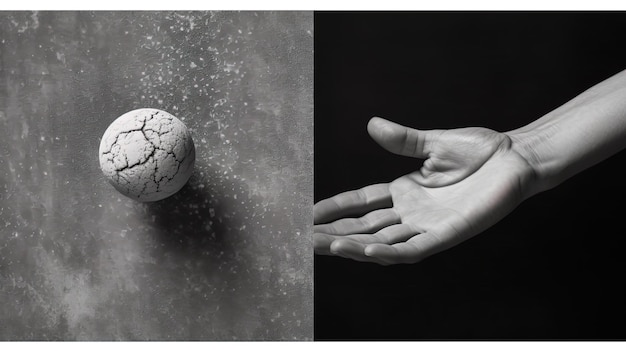 Foto ein schwarz-weißes foto eines balls mit einer hand, die sich zum boden erstreckt