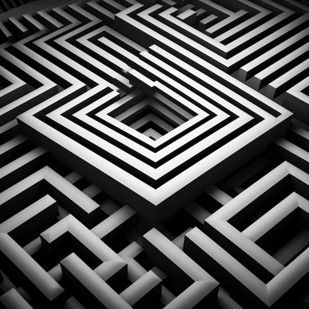 ein schwarz-weißes Foto eines Labyrinths mit einem Quadrat in der Mitte