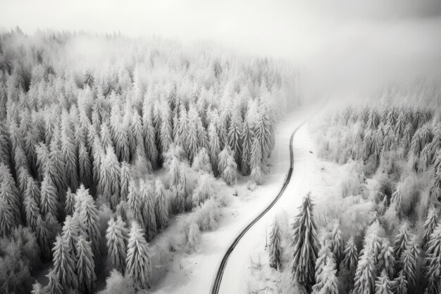 ein schwarz-weißes Foto eines mit Schnee bedeckten Waldes