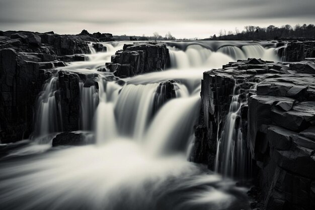 ein schwarz-weißes Foto eines Wasserfalls