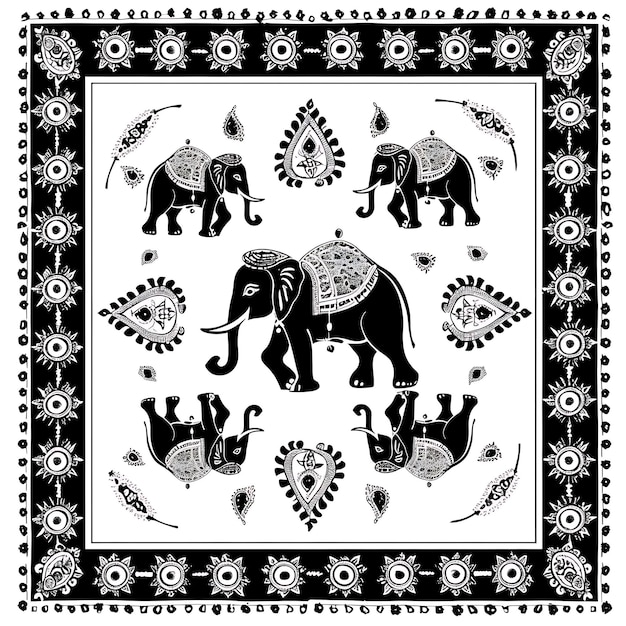 ein schwarz-weißes Foto von Elefanten und Blumen mit den Worten "Elefant" darauf