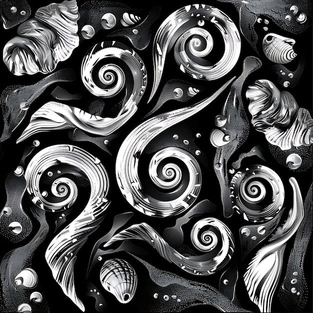 ein schwarz-weißes Gemälde von Meereslebewesen mit den Worten "Meeresmuscheln"