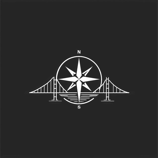 Ein schwarz-weißes Logo mit einem Kompass und einer Brücke