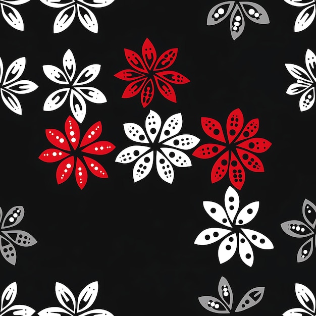 ein schwarz-weißes Muster mit roten Blüten und Blättern