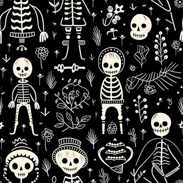 ein schwarz-weißes Muster mit Skeletten und generativen Blumen