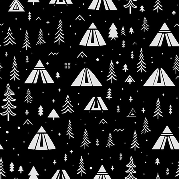 Ein schwarz-weißes Muster von Zelten und Bäumen