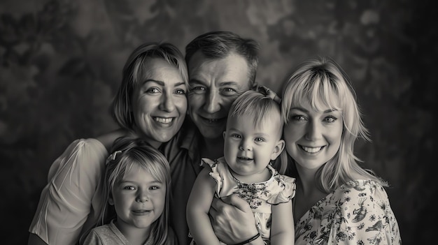 Foto ein schwarz-weißes porträt einer glücklichen familie die eltern lächeln und die kinder lachen und sie scheinen ihre fotoshooting zu genießen