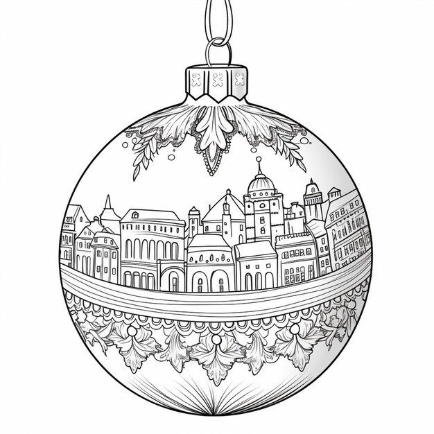 ein schwarz-weißes Weihnachtsornament mit einem Stadtbild im Hintergrund