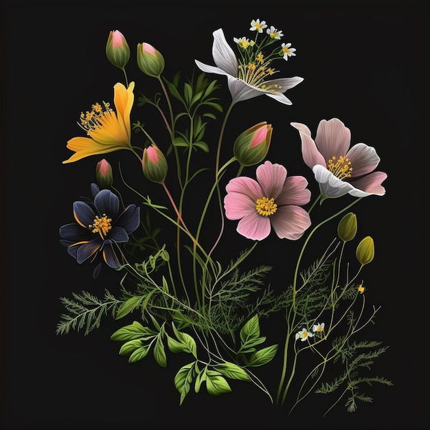 Ein schwarzer Hintergrund mit Blumen und Blättern darauf