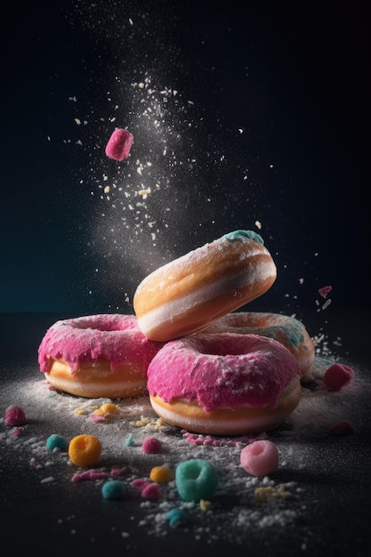 Ein schwarzer Hintergrund mit drei Donuts mit rosa Zuckerguss und Streuseln.