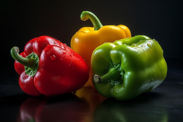 Ein schwarzer Hintergrund mit drei Paprika